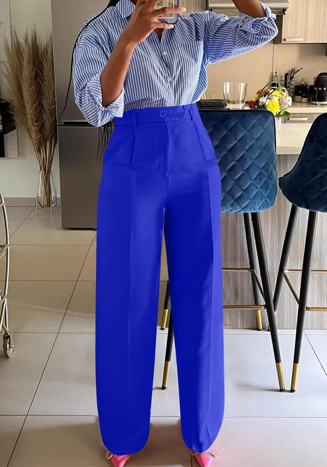 Tbahhir Women High Waisted Work Pants Wide Leg Dress Pants Straight Trousers Casual Business Slacks with Pockets