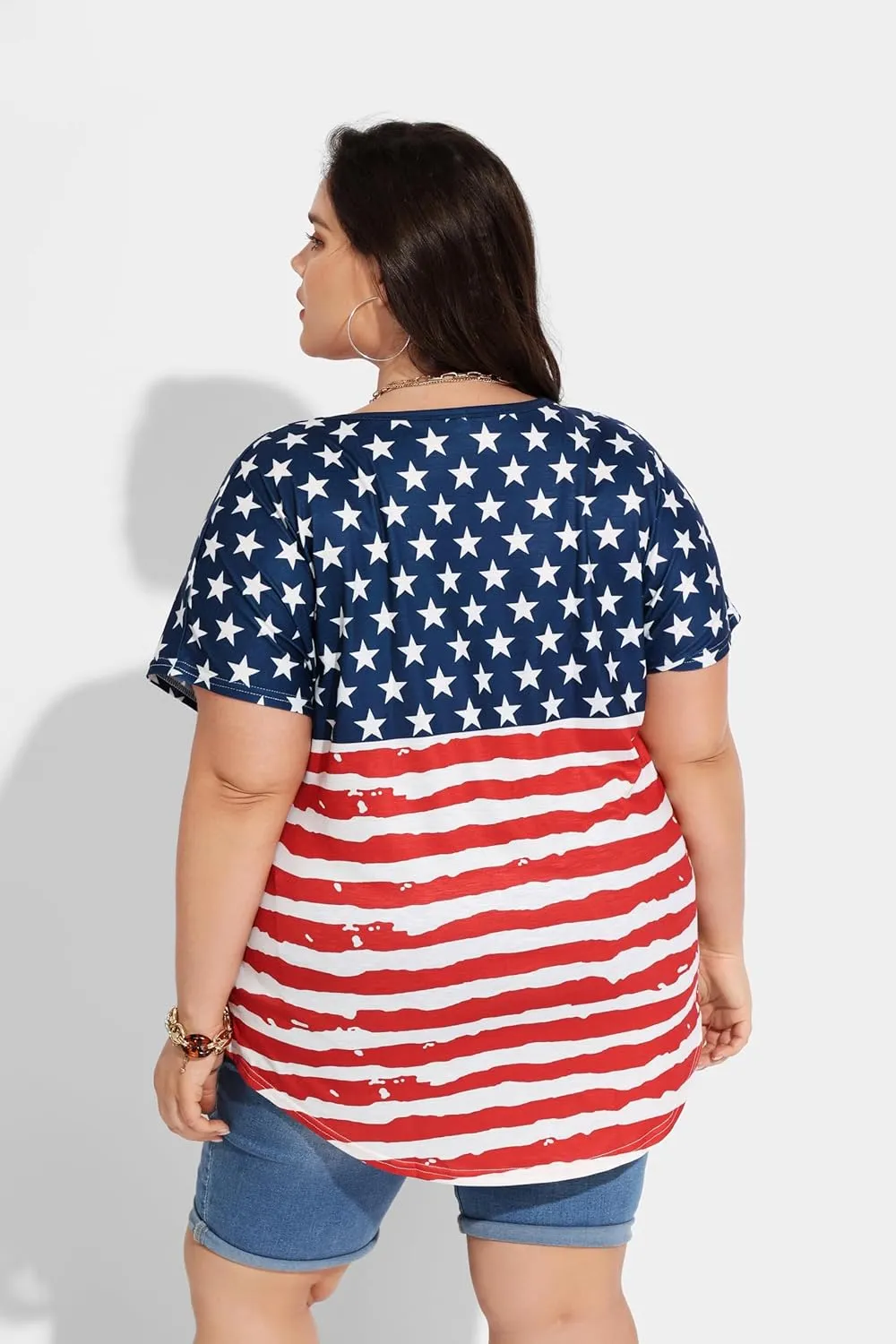 TIYOMI Plus Size Tops for Women Short Sleeves V-Neck Raglan American Flag Print Tops 4Th of July Patriotic T Shirt