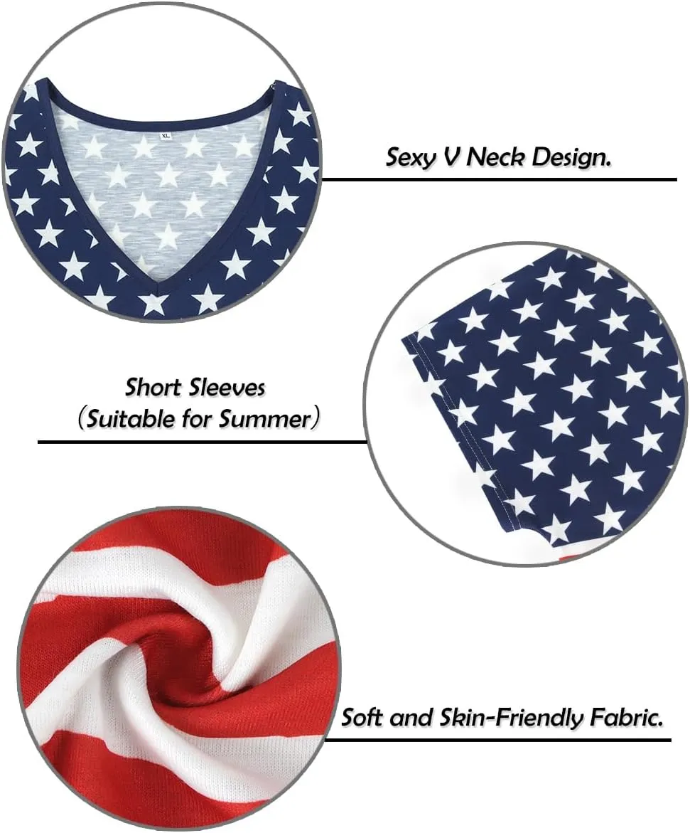 TIYOMI Plus Size Tops for Women Short Sleeves V-Neck Raglan American Flag Print Tops 4Th of July Patriotic T Shirt