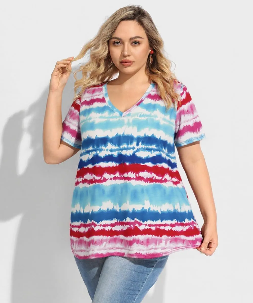 TIYOMI Plus Size Tops for Women Short Sleeves V-Neck Raglan American Flag Print Tops 4Th of July Patriotic T Shirt
