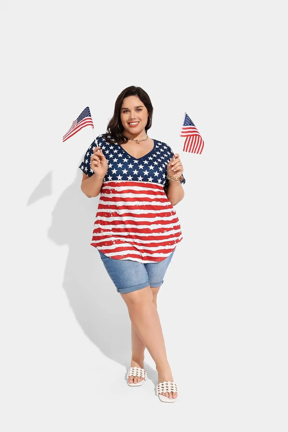 TIYOMI Plus Size Tops for Women Short Sleeves V-Neck Raglan American Flag Print Tops 4Th of July Patriotic T Shirt