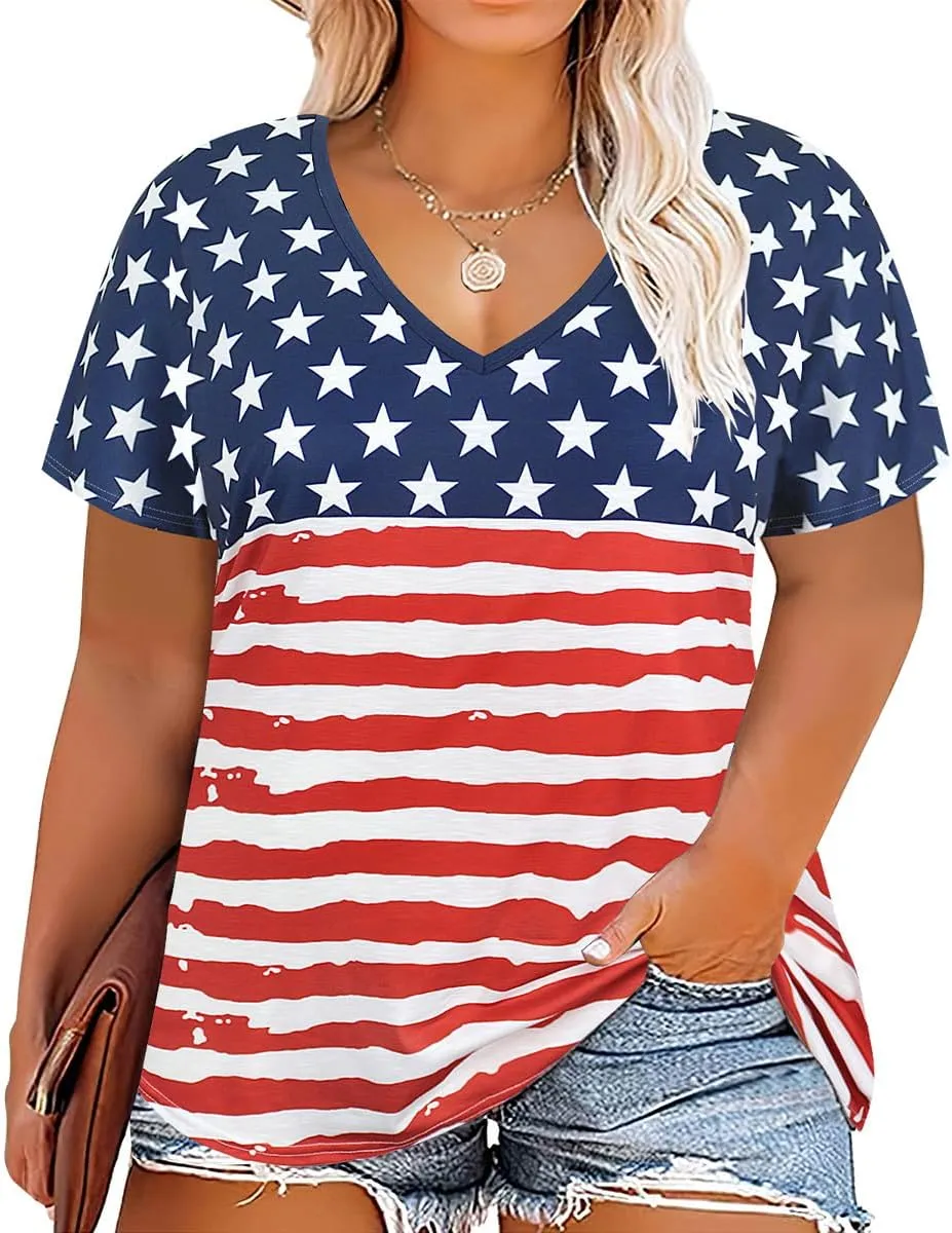 TIYOMI Plus Size Tops for Women Short Sleeves V-Neck Raglan American Flag Print Tops 4Th of July Patriotic T Shirt