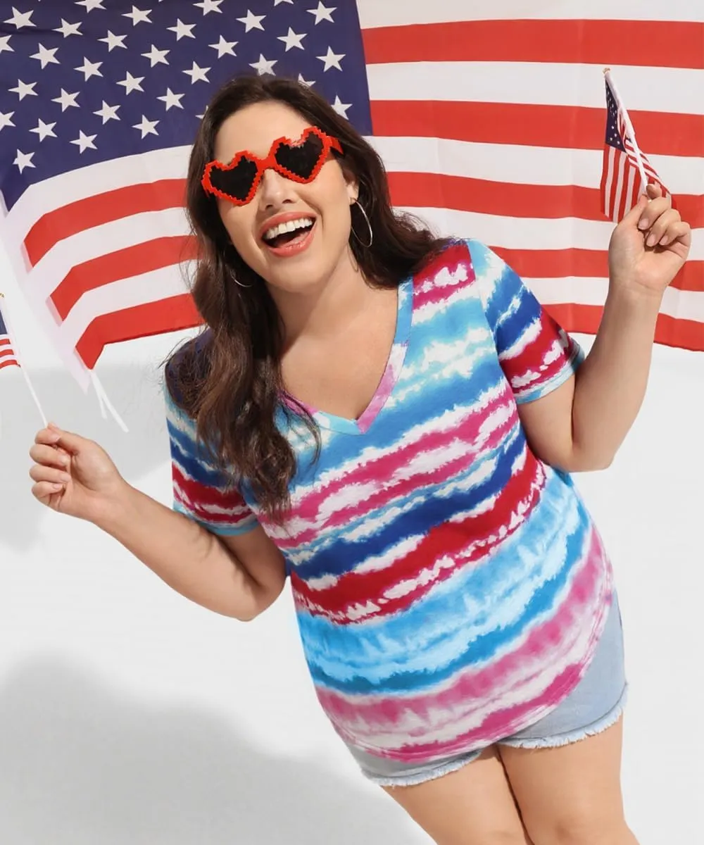 TIYOMI Plus Size Tops for Women Short Sleeves V-Neck Raglan American Flag Print Tops 4Th of July Patriotic T Shirt