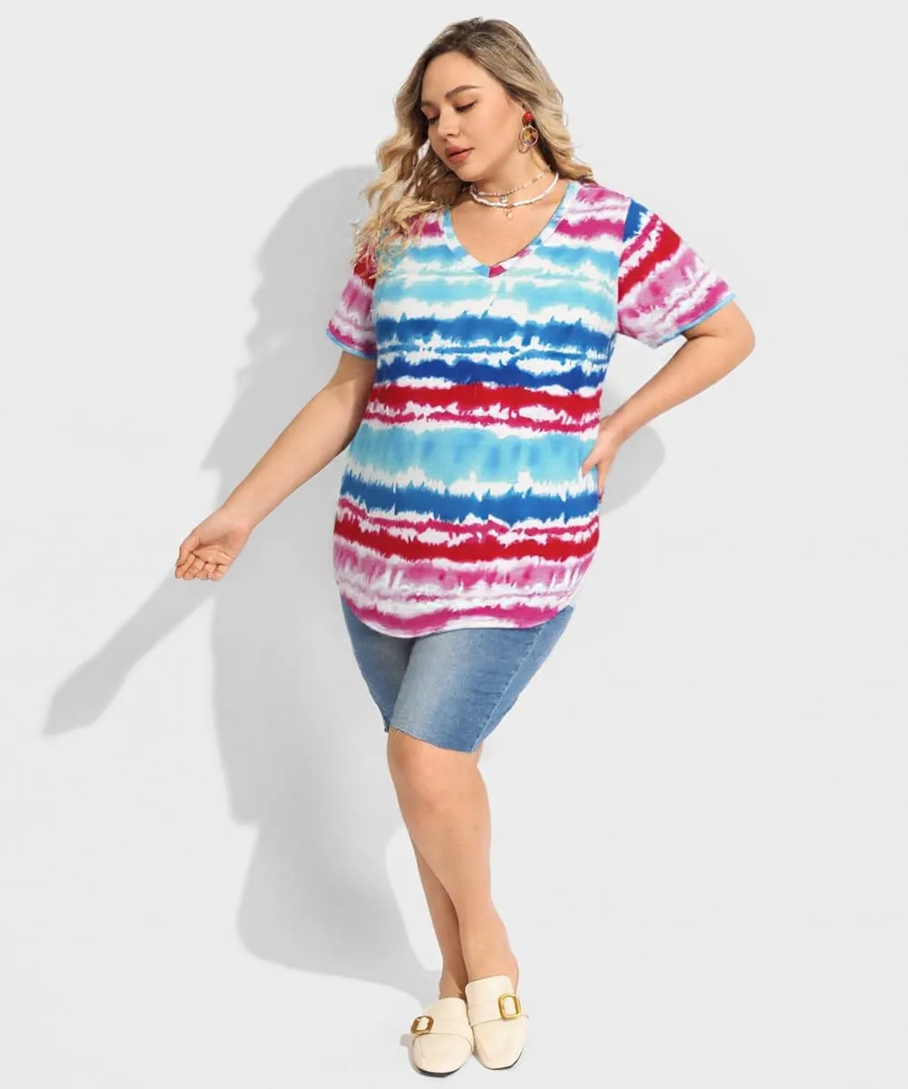 TIYOMI Plus Size Tops for Women Short Sleeves V-Neck Raglan American Flag Print Tops 4Th of July Patriotic T Shirt