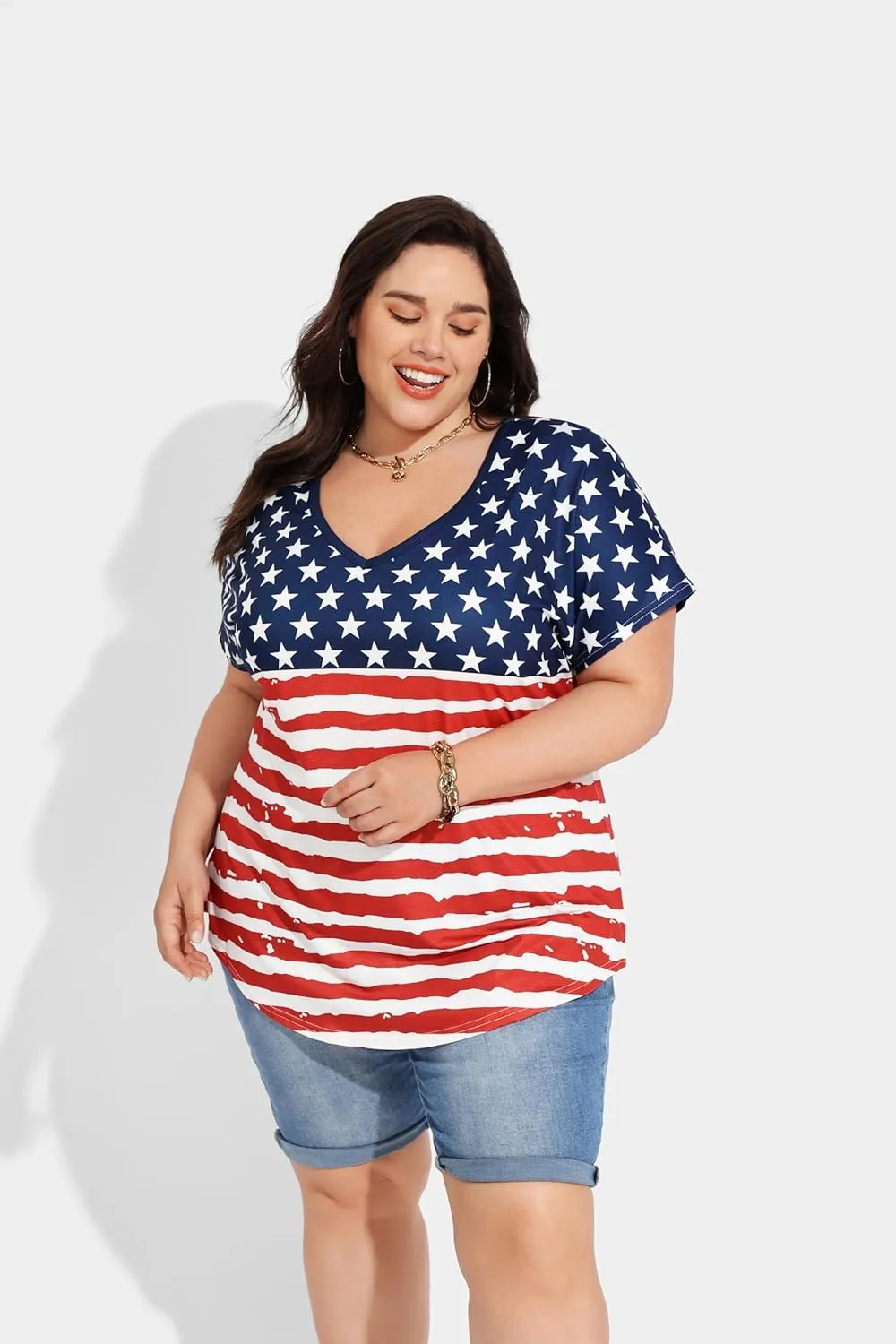 TIYOMI Plus Size Tops for Women Short Sleeves V-Neck Raglan American Flag Print Tops 4Th of July Patriotic T Shirt