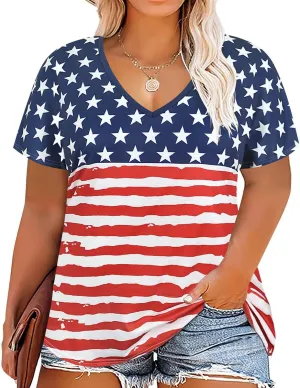 TIYOMI Plus Size Tops for Women Short Sleeves V-Neck Raglan American Flag Print Tops 4Th of July Patriotic T Shirt