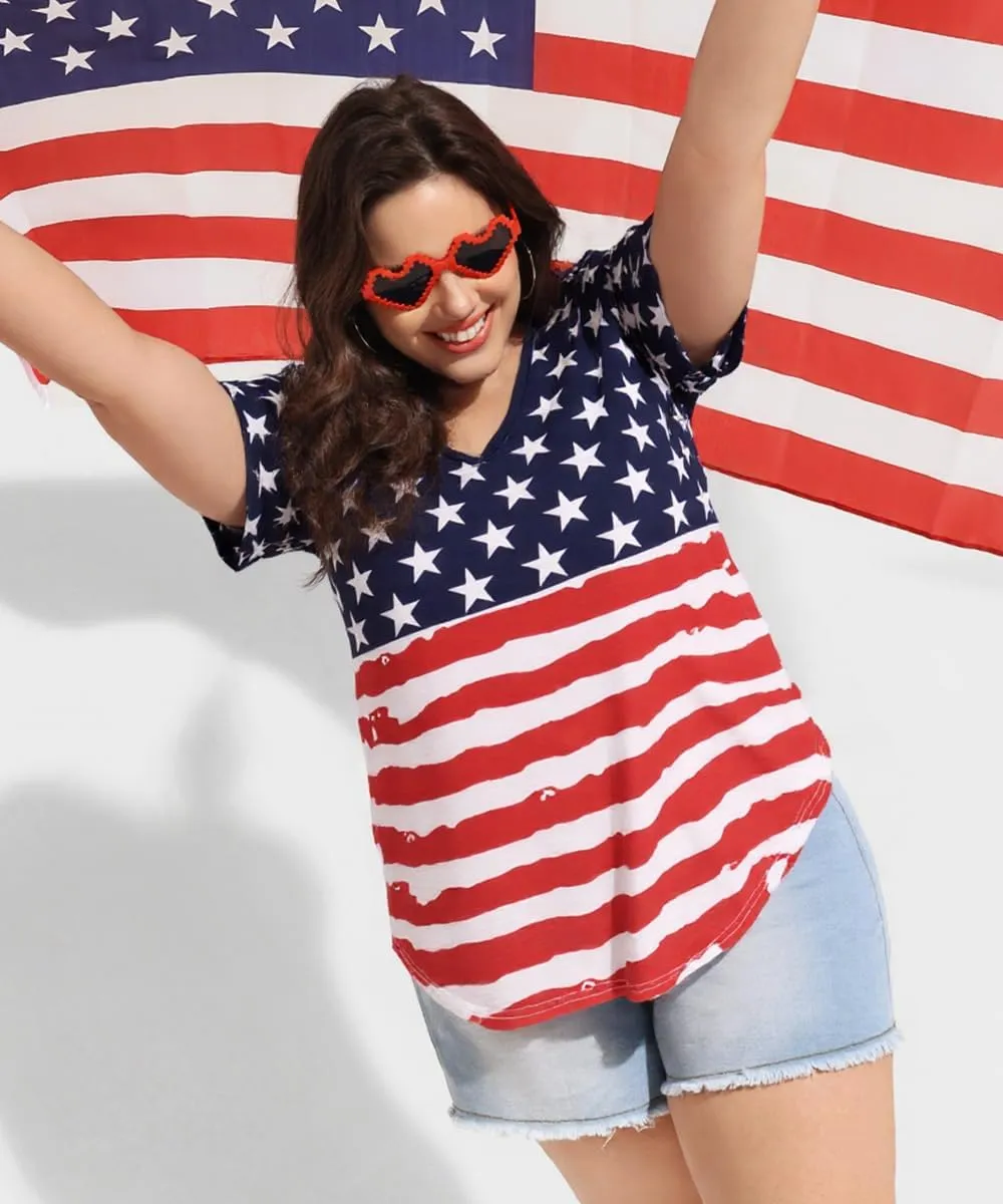 TIYOMI Plus Size Tops for Women Short Sleeves V-Neck Raglan American Flag Print Tops 4Th of July Patriotic T Shirt
