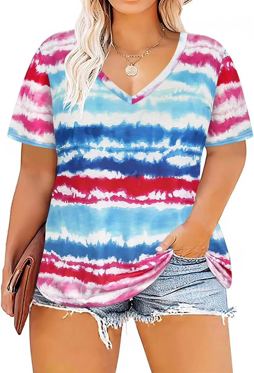 TIYOMI Plus Size Tops for Women Short Sleeves V-Neck Raglan American Flag Print Tops 4Th of July Patriotic T Shirt