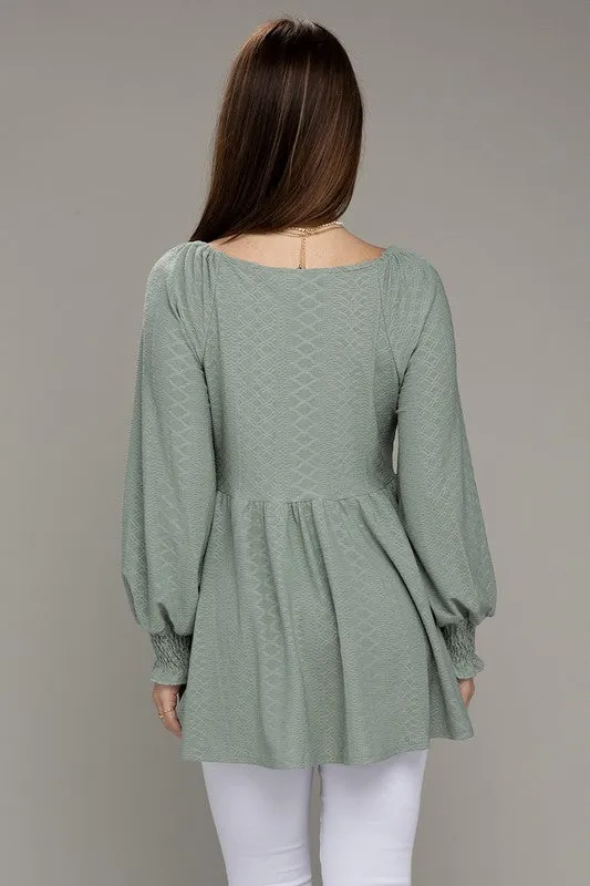 V Neck Textured Bubble Sleeve Babydoll Top