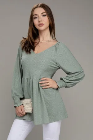 V Neck Textured Bubble Sleeve Babydoll Top