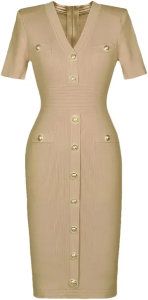 Vsadsau Women's Knitted Dress V-Neck Buttons Short Sleeve Solid Casual Slim Fit Stretch Midi Dresses