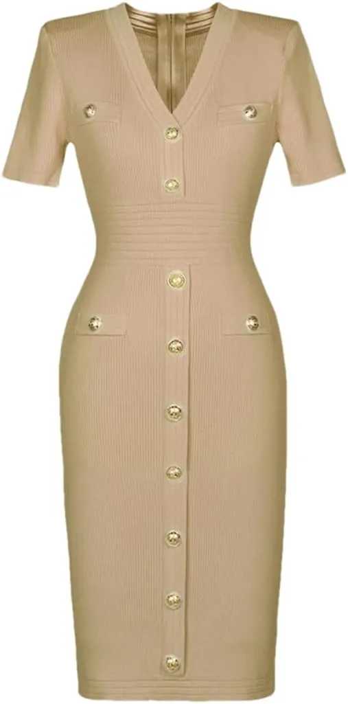 Vsadsau Women's Knitted Dress V-Neck Buttons Short Sleeve Solid Casual Slim Fit Stretch Midi Dresses