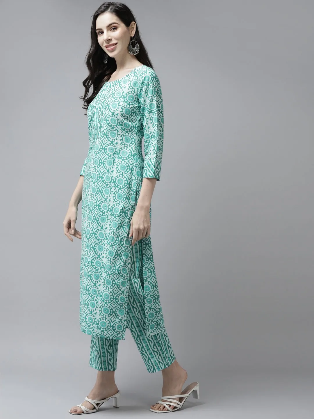 Women Sea Green Cotton Printed Kurta With Palazzo & Dupatta