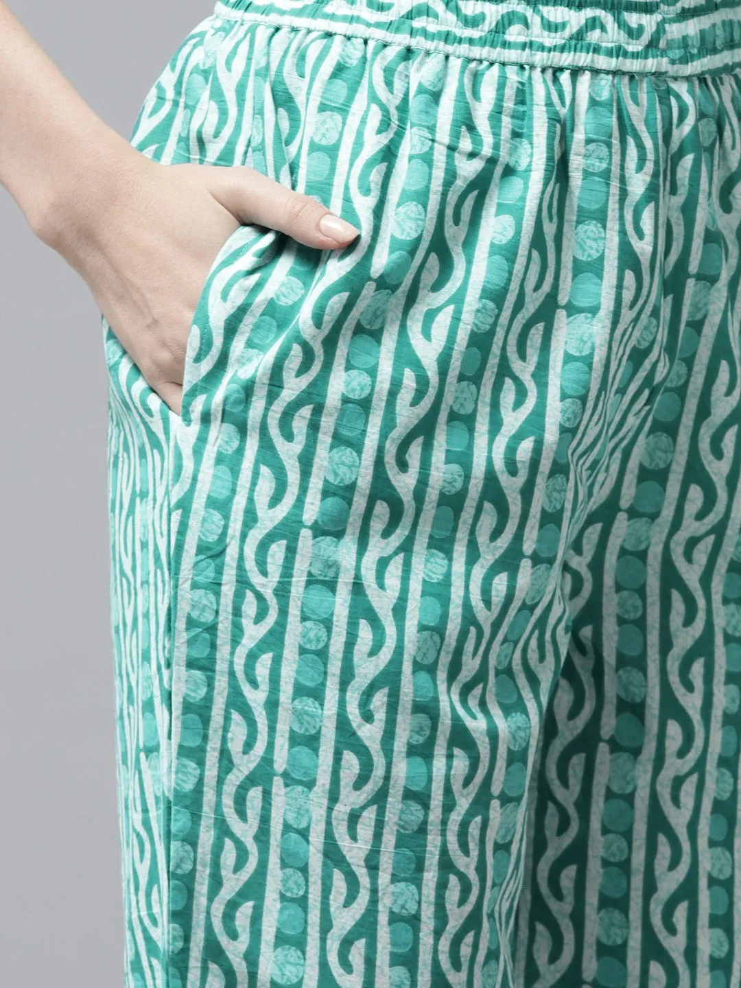 Women Sea Green Cotton Printed Kurta With Palazzo & Dupatta