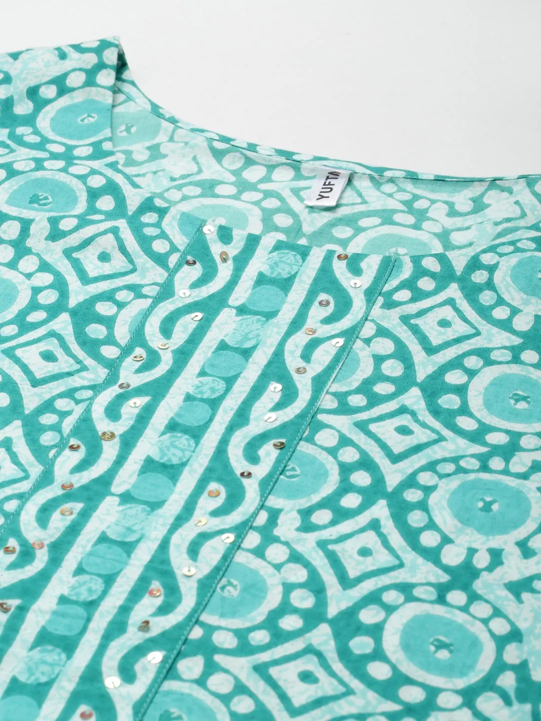 Women Sea Green Cotton Printed Kurta With Palazzo & Dupatta