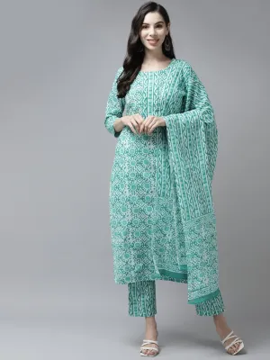 Women Sea Green Cotton Printed Kurta With Palazzo & Dupatta