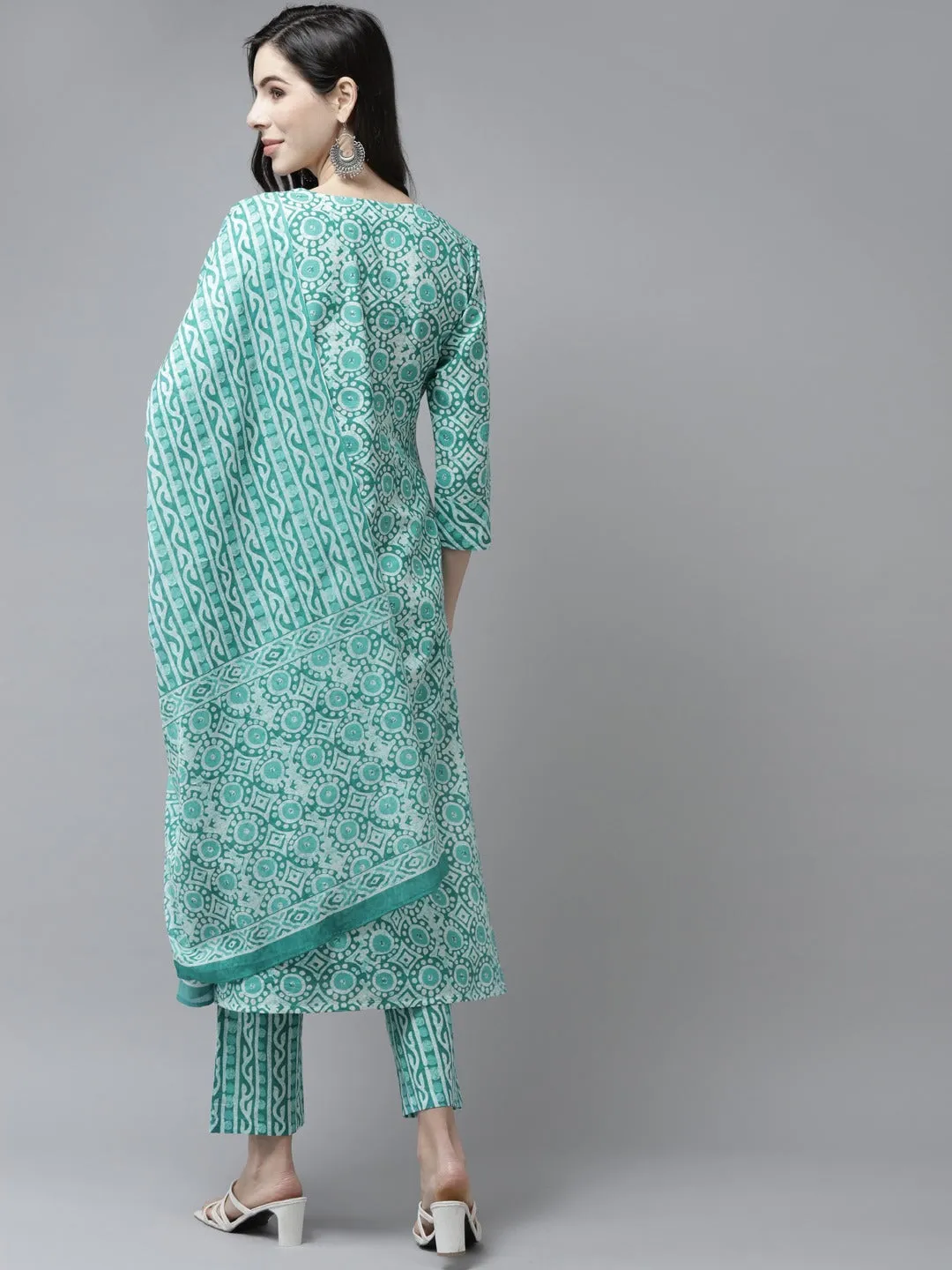 Women Sea Green Cotton Printed Kurta With Palazzo & Dupatta