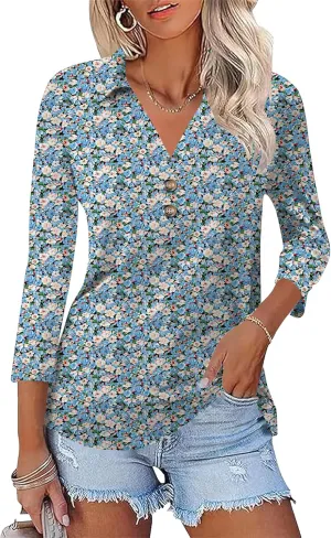 Womens 3/4 Sleeve V Neck T Shirt Floral Collared Button Down Shirts for Women S-XXL