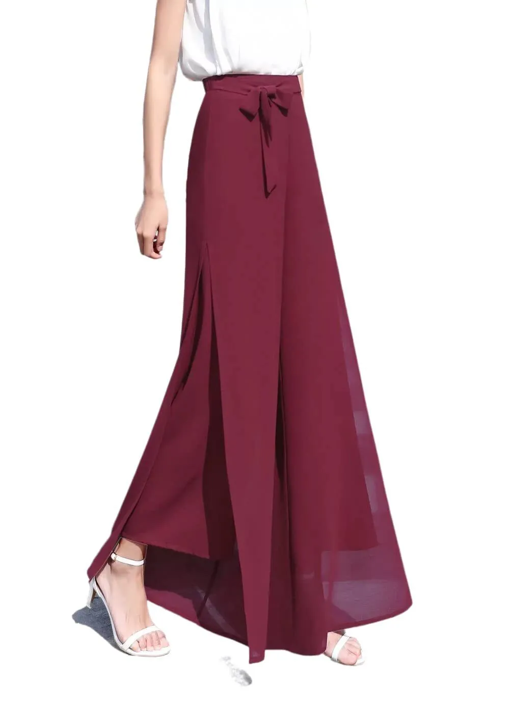 Womens Chiffon High Waist Palazzo Dressy Pants Flare Elastic Waist Trousers