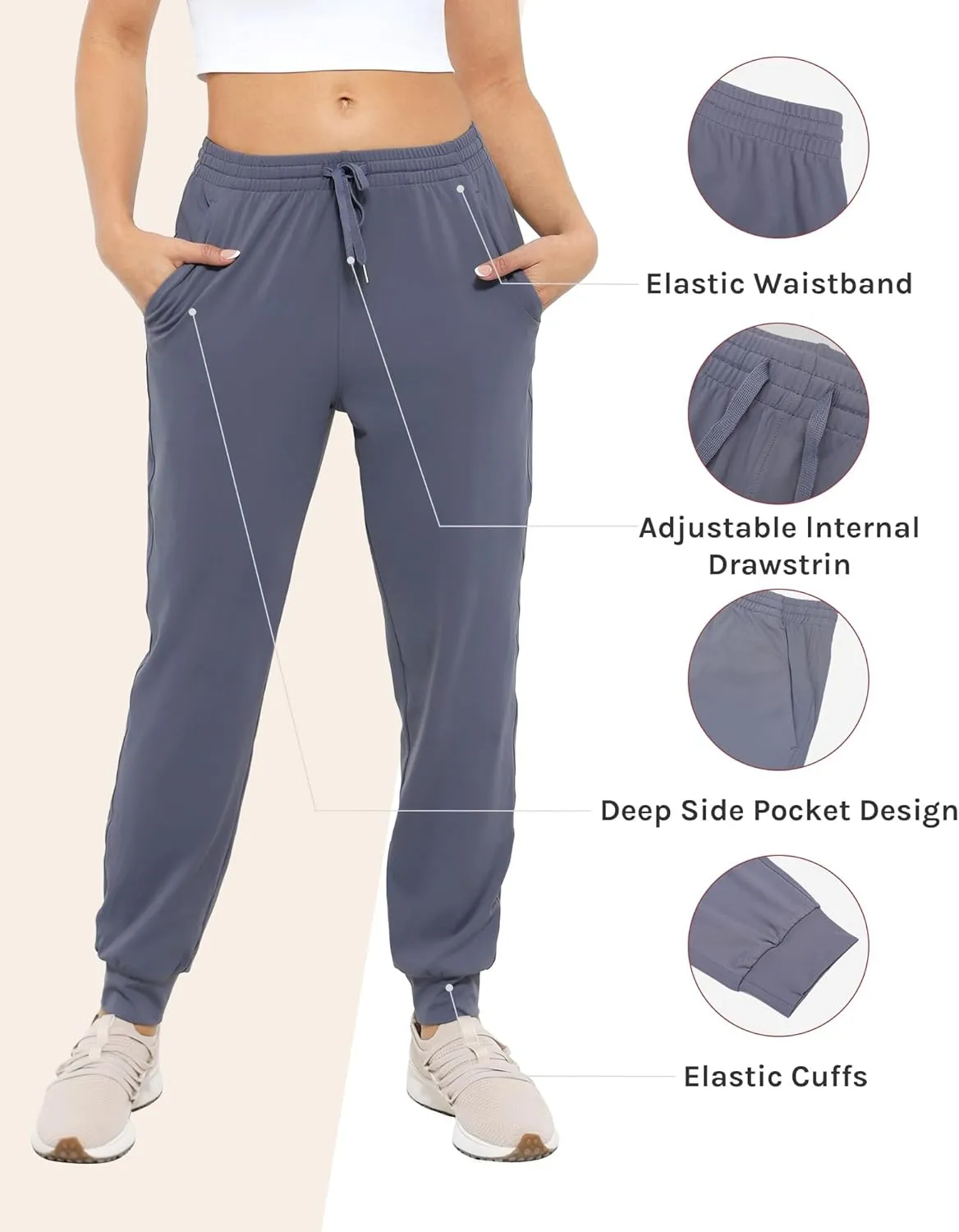 Women's Joggers with Pockets Lightweight Drawstring Gym Athletic Tapered Pants for Workout Lounge Travel