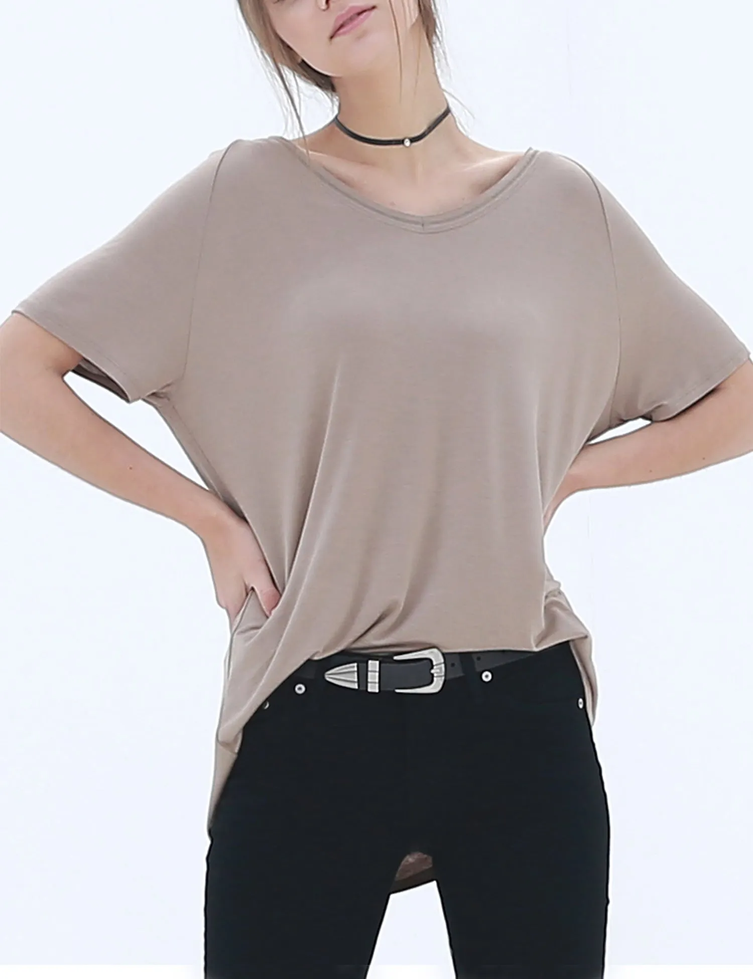 Women's Lightweight V-Neck Loose Fit Plain Casual Tunic Top Tee
