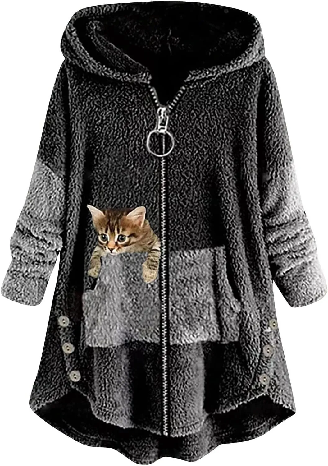 Women's Oversized Zip Up Sherpa Hoodie Fuzzy Fleece Jacket Cat Kitty Print Lightweight Faux Shearling A Line Teddy Coat