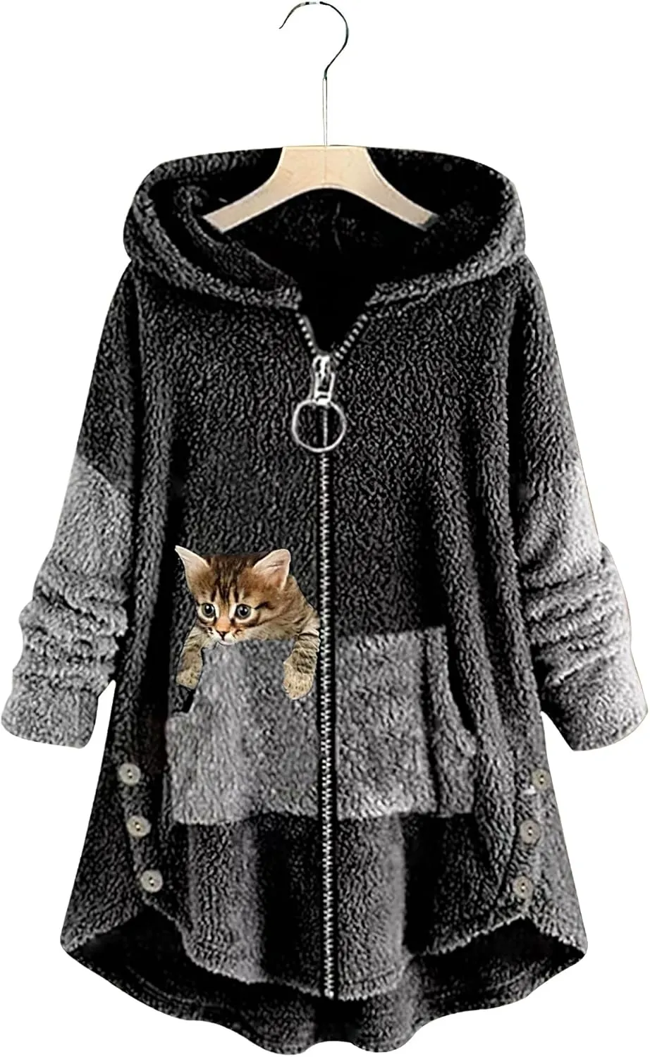 Women's Oversized Zip Up Sherpa Hoodie Fuzzy Fleece Jacket Cat Kitty Print Lightweight Faux Shearling A Line Teddy Coat