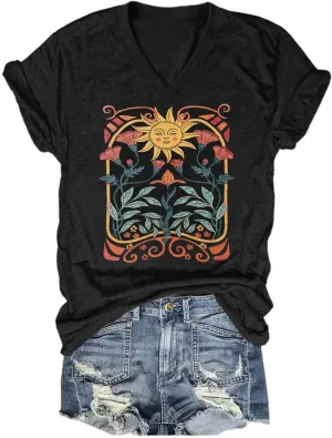 Women's T-Shirts V-Neck Boho Flowers Wildflowers Tee Cute Summer Graphic Shirts Short Sleeve T Shirt