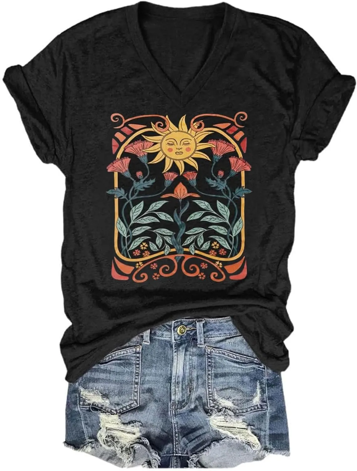 Women's T-Shirts V-Neck Boho Flowers Wildflowers Tee Cute Summer Graphic Shirts Short Sleeve T Shirt