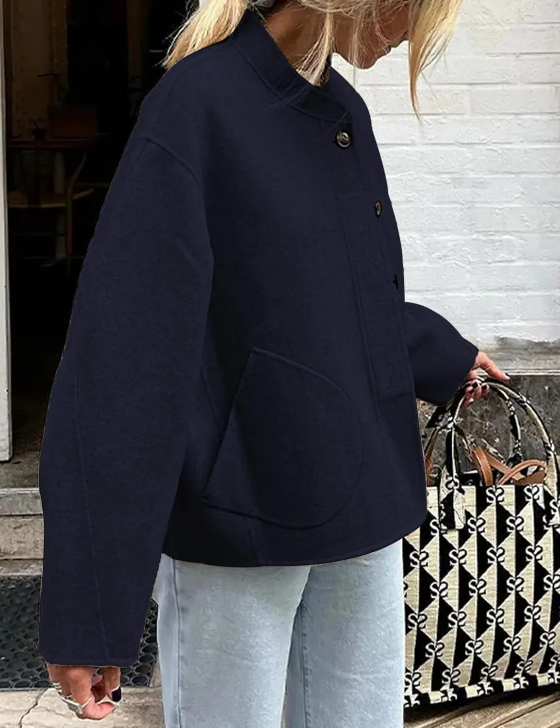 Womens Winter Coats Trendy Pea Coat Oversized Long Sleeve Jackets Short Casual Outerwear with Pockets