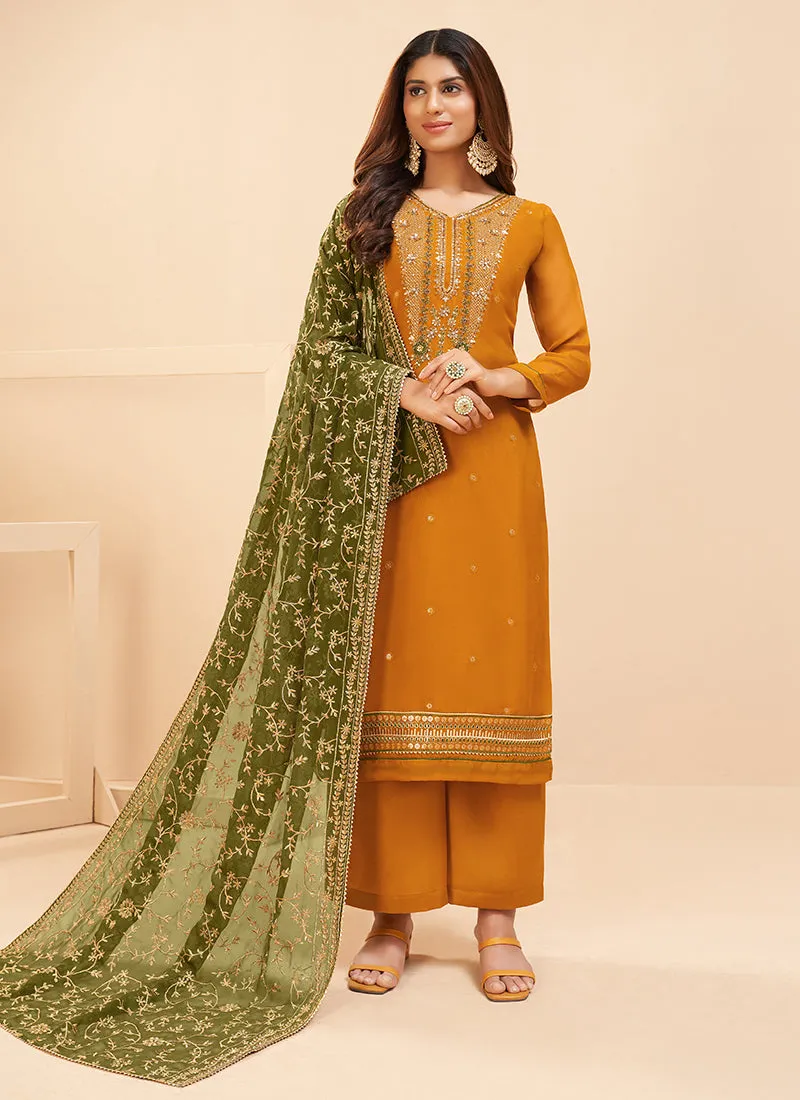 Yellow And Green Embroidered Salwar Kameez